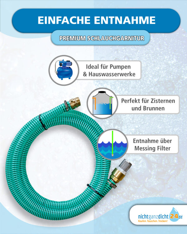Sauggarnitur 1 Zoll / Ansaug-Garnitur NW 25 – 1-25m Saugschlauch mit Messing-Fußventil und Rückschlagklappe für Hauswasserwerk, Brunnen und Zisterne – Bild 2