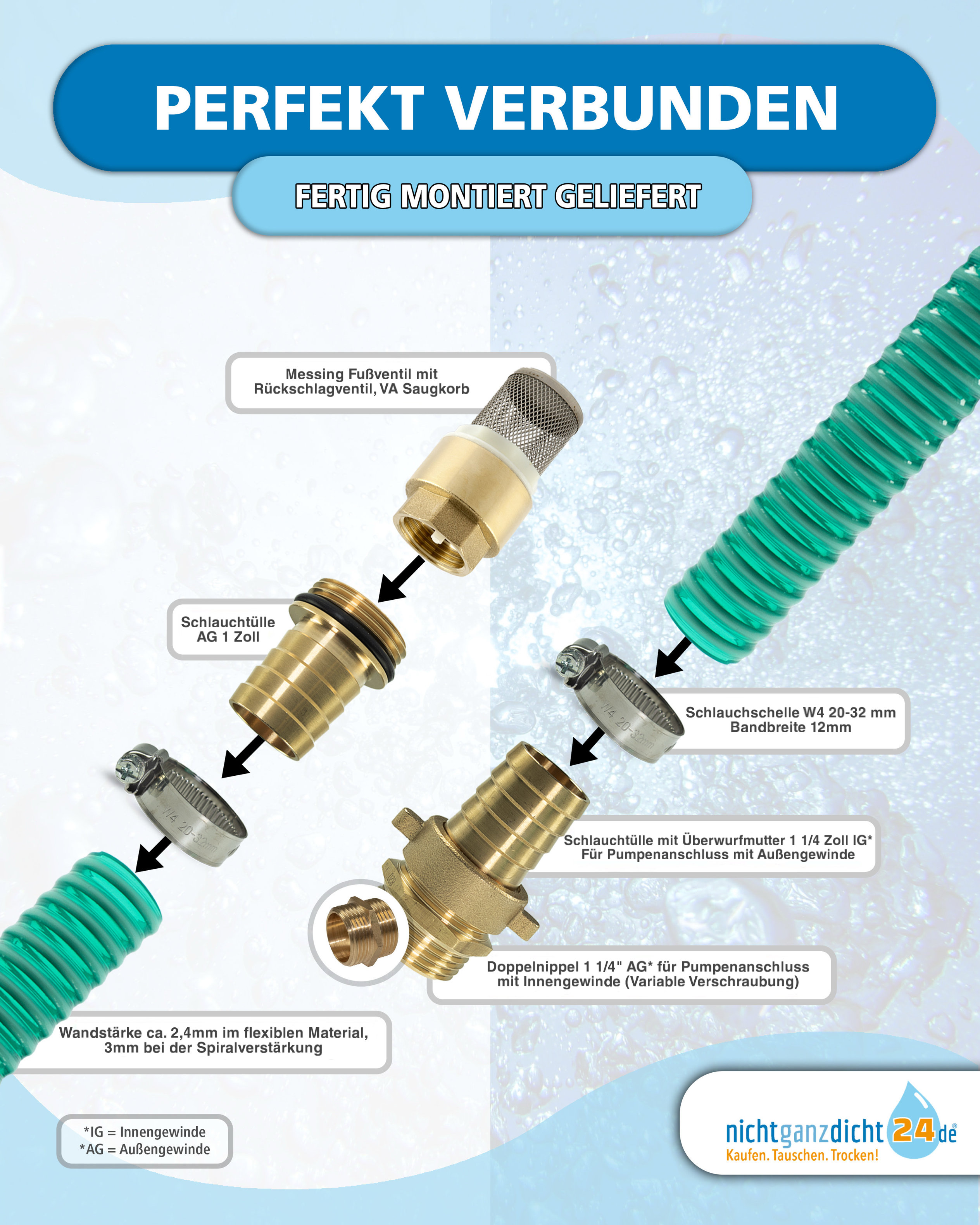 Saugschlauchgarnitur 1″ 25 mm mit 1 1/4" Anschluss – Messingarmaturen, Rückschlagventil, für Hauswasserwerk & Gartenpumpe – Bild 3