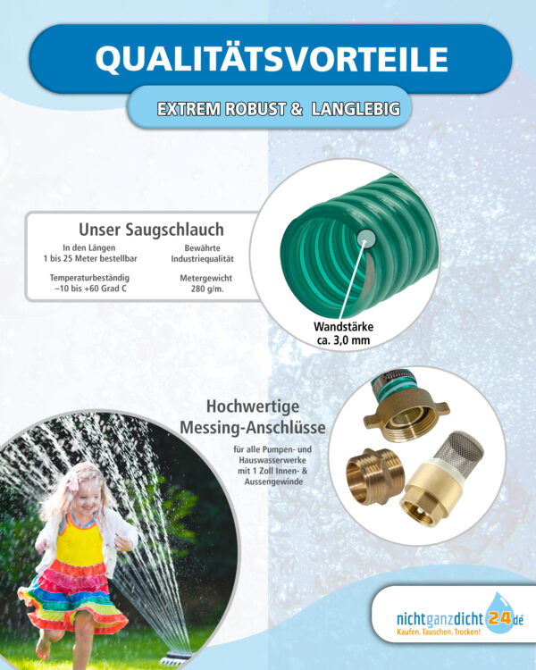 Sauggarnitur 1 Zoll / Ansaug-Garnitur NW 25 – 1-25m Saugschlauch mit Messing-Fußventil und Rückschlagklappe für Hauswasserwerk, Brunnen und Zisterne – Bild 4